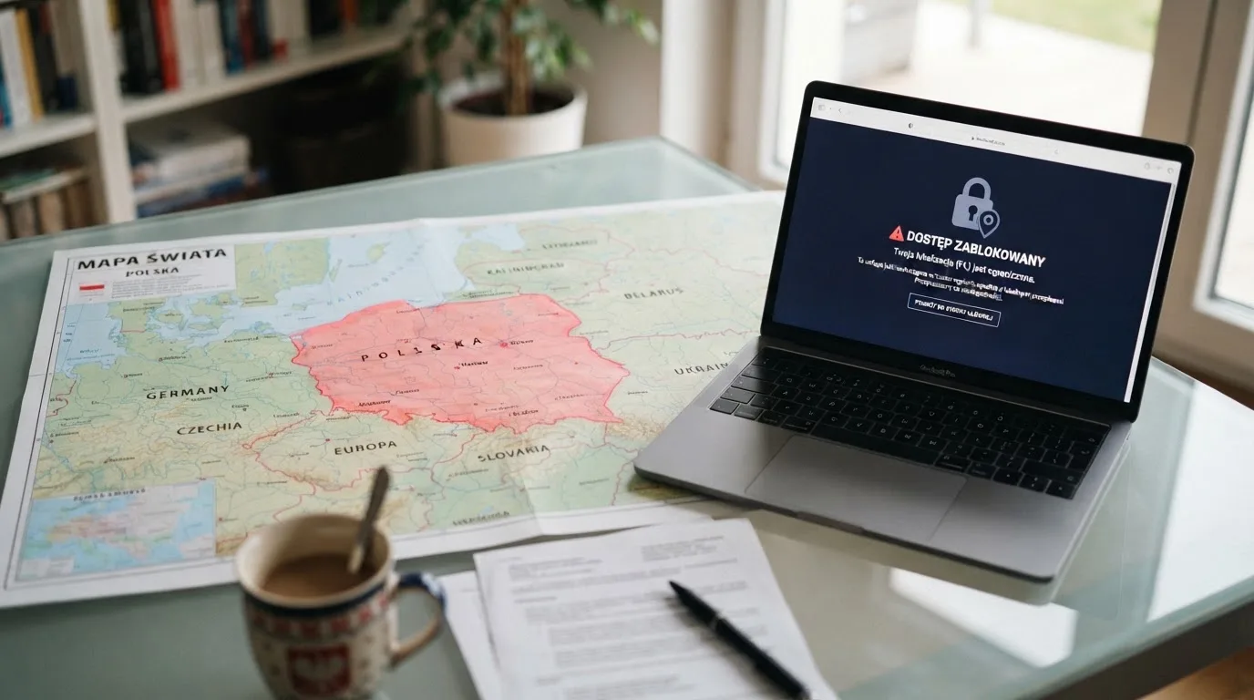 Mapa świata rozłożona na biurku z zaznaczonym obszarem Europy Środkowej, obok laptop z zablokowanym ekranem strony.